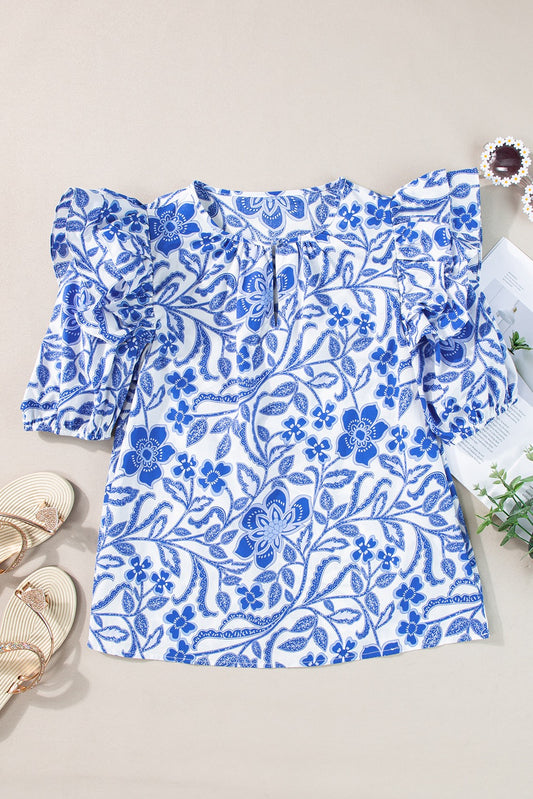 Blue Floral Bubble Sleeve Top