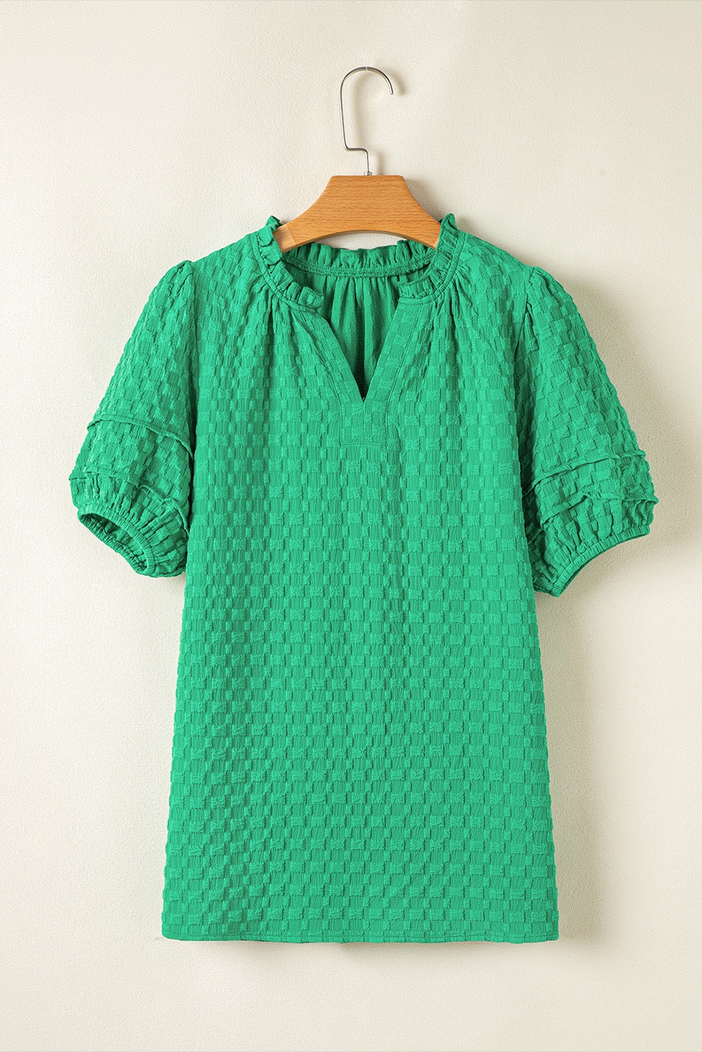 Green Textured Top with Puff Sleeves