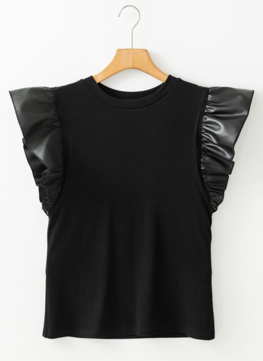 Black Leather Ruffle Blouse