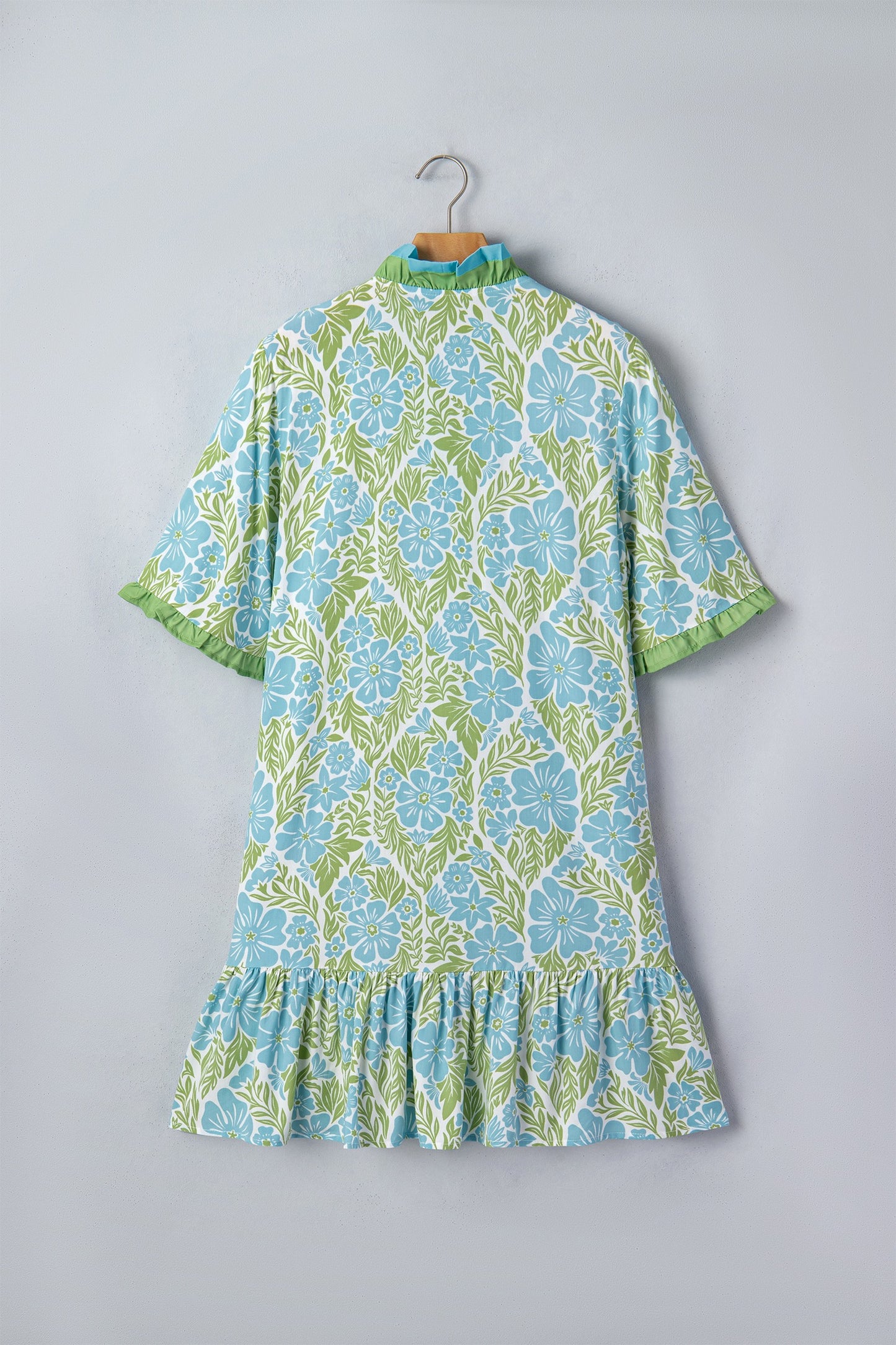 Blue Botanical Floral Print Frilled Trim V Neck Button Front Loose Dress
