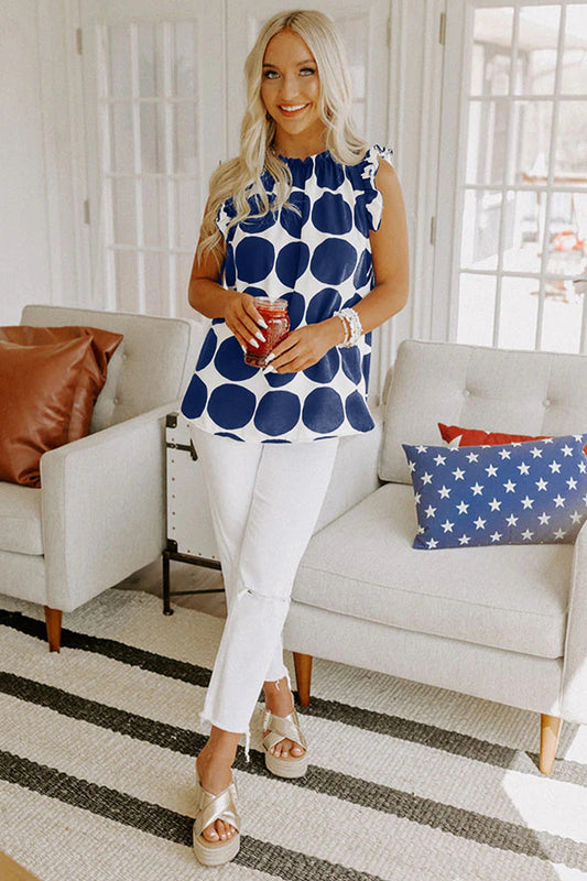 Blue Polka Dot Print Frilled Round Neck Top