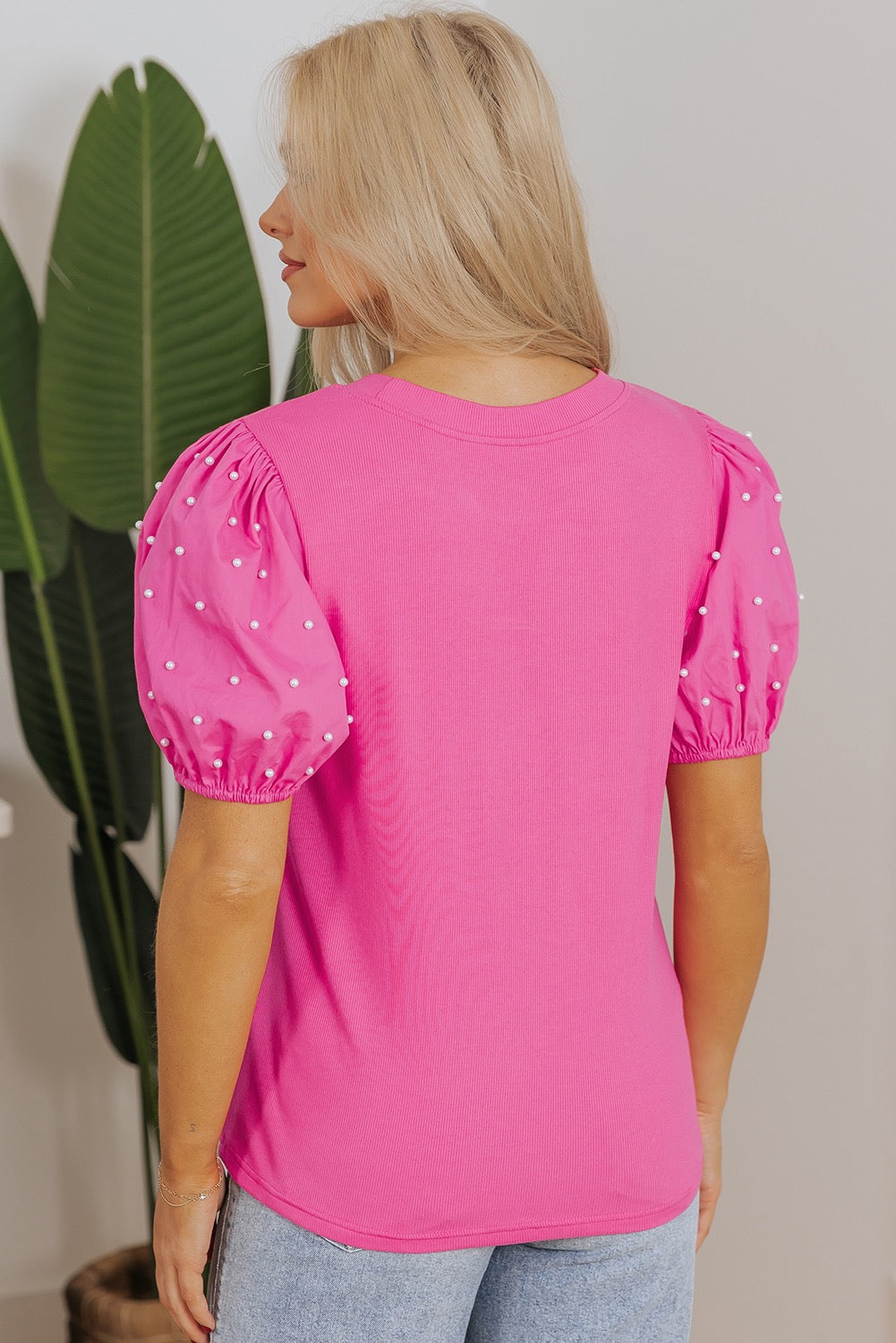 Pink Pearled Puff Sleeve Top