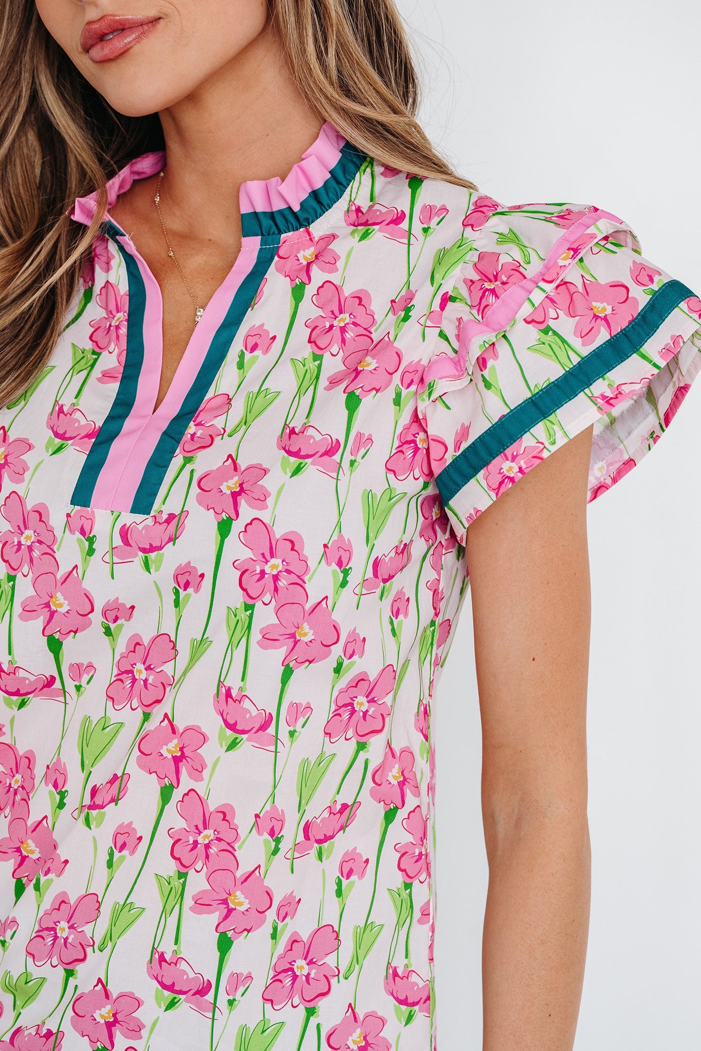 Pink Floral Print Contrast Trim V Neck Double Ruffled Short SleeveTop