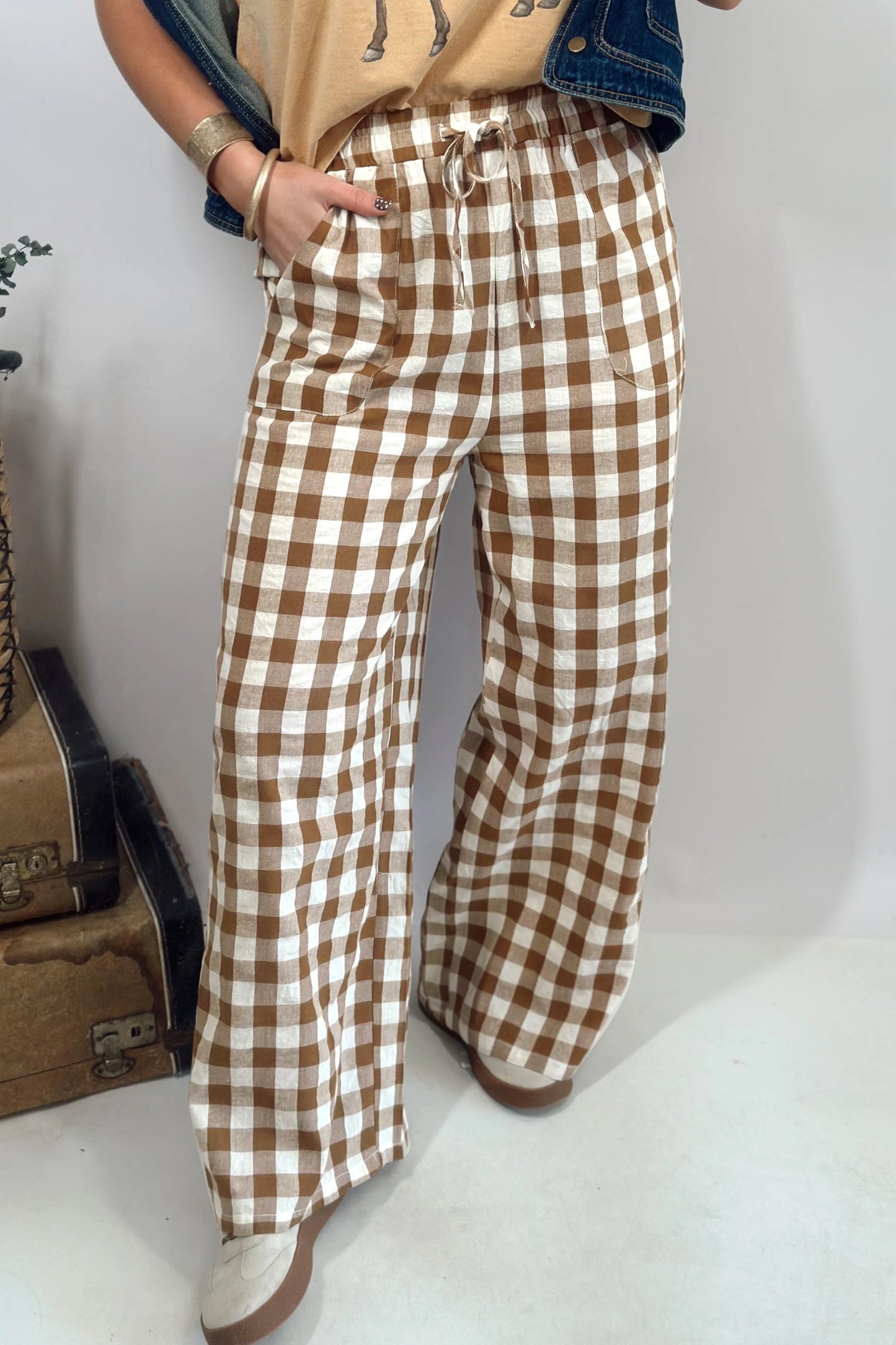 Brown Gingham Plaid Tie Elastic Pants