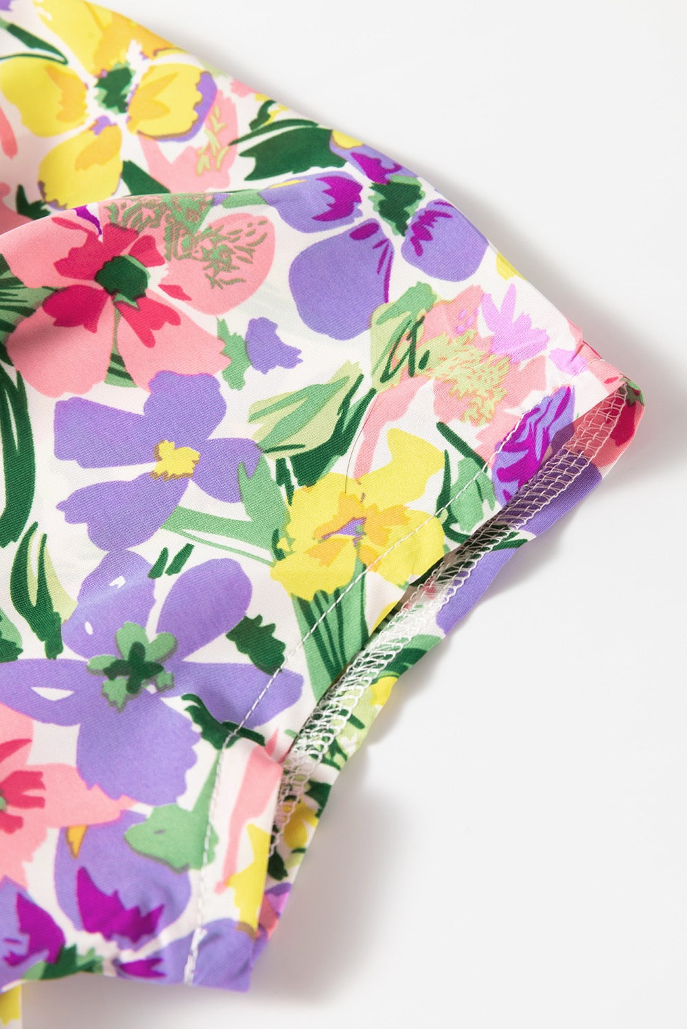 Blouse Purple Floral Print Puff Short Sleeve Crew Neck Blouse