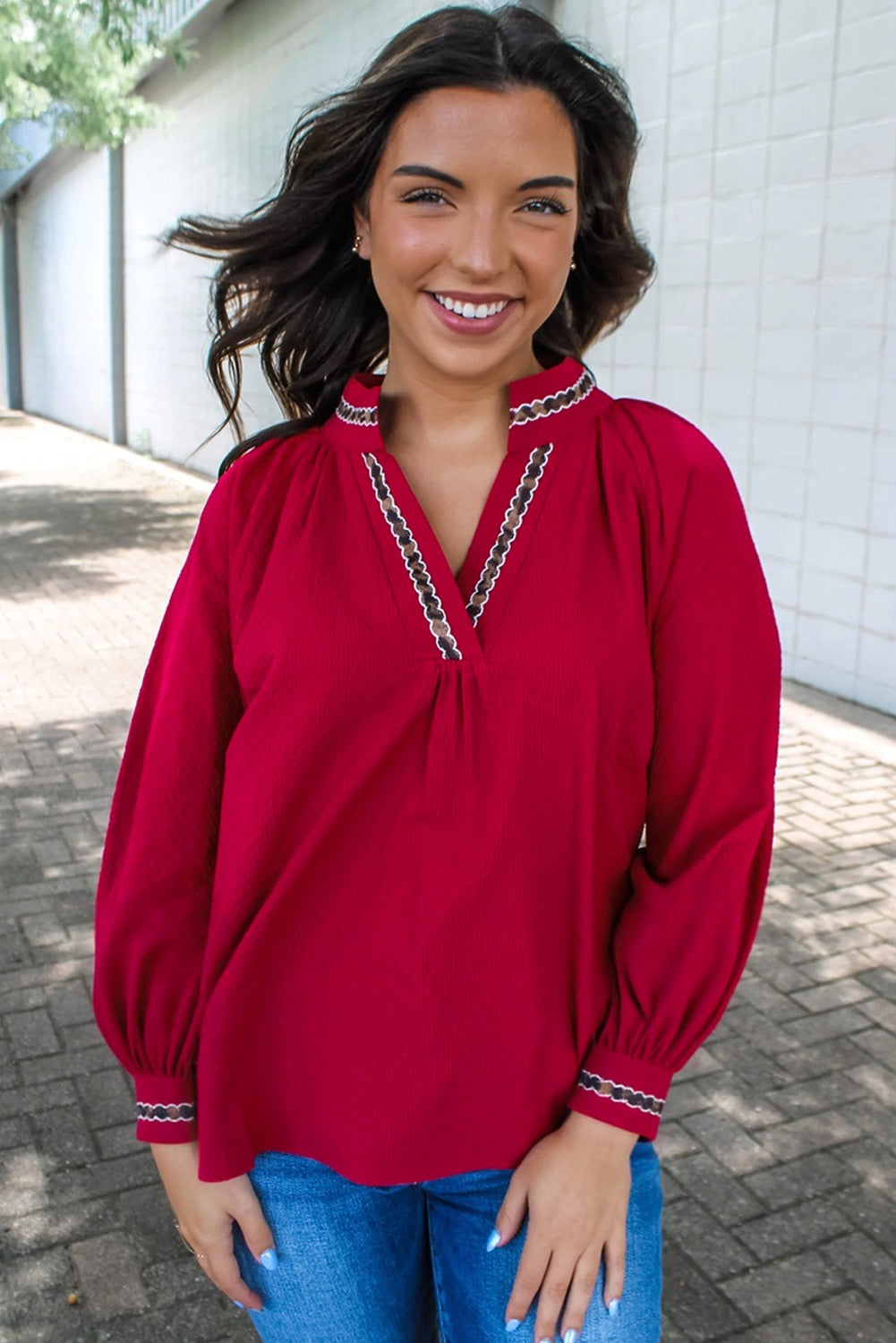 Red Leopard Jacquard Print V Neck Textured Blouse