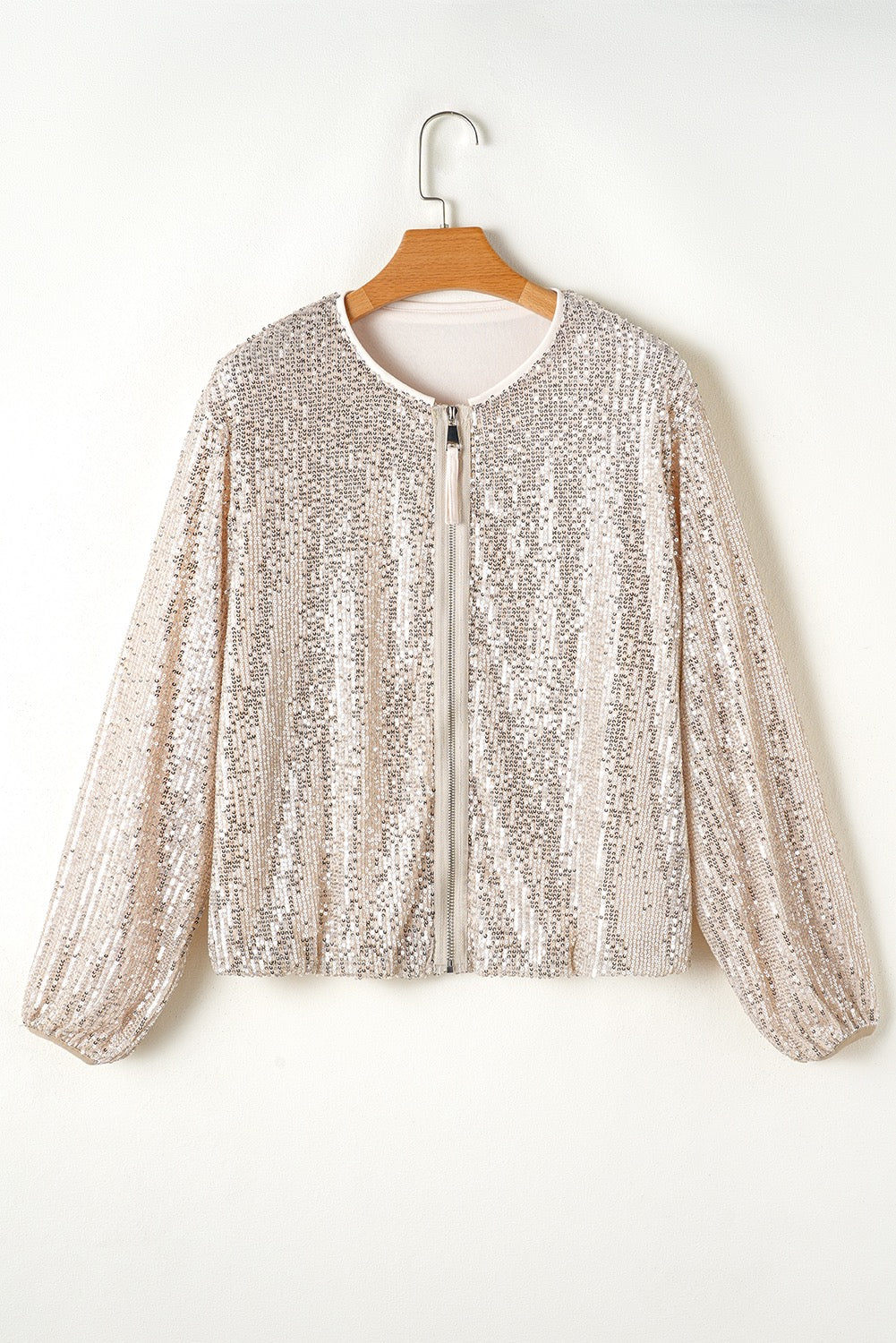 Beige Sequin Zip up Jacket