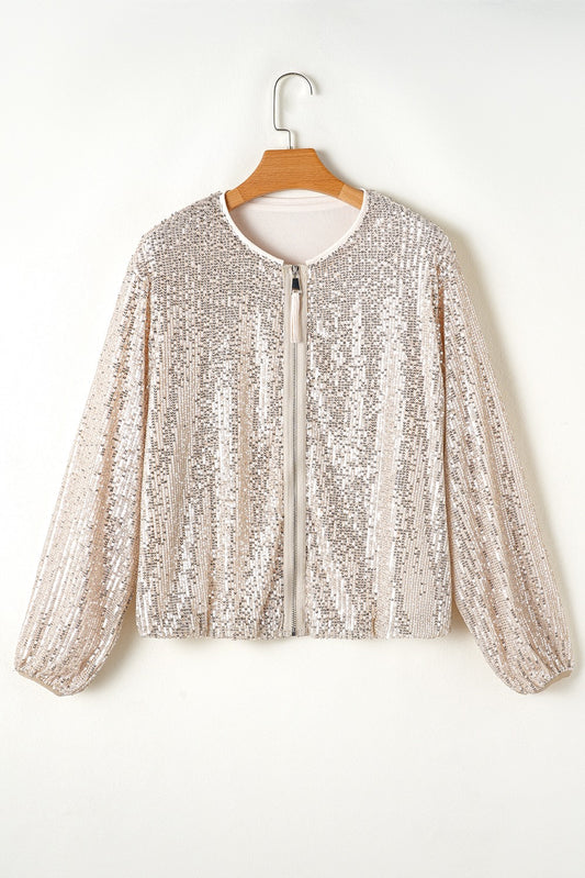Beige Sequin Zip up Jacket