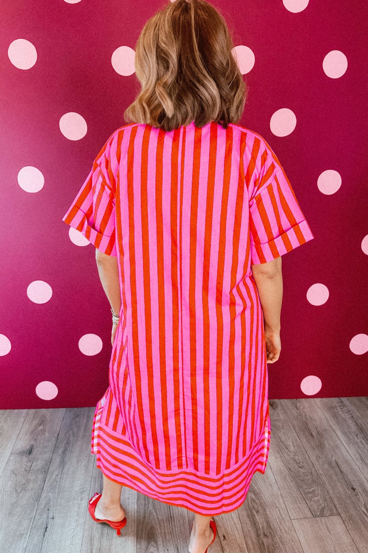 Red Stripe V Neck Cuffed Sleeve Dress