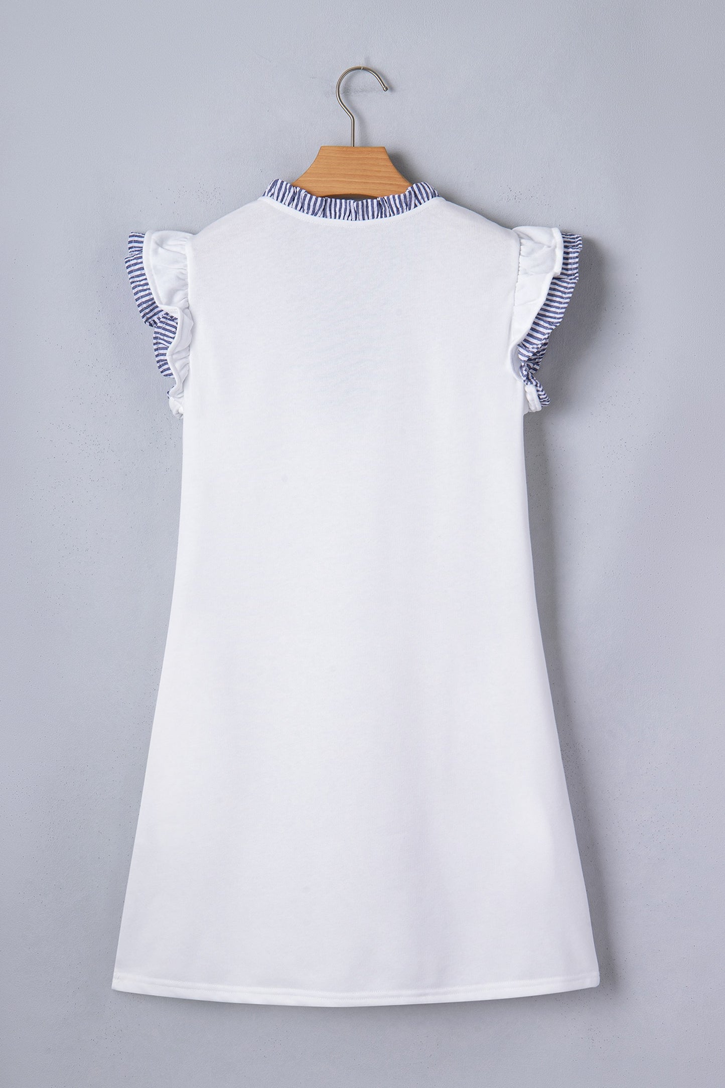 White Contrasted Striped Patchwork Split Neck Ruffle Trim Sleeveless Dress