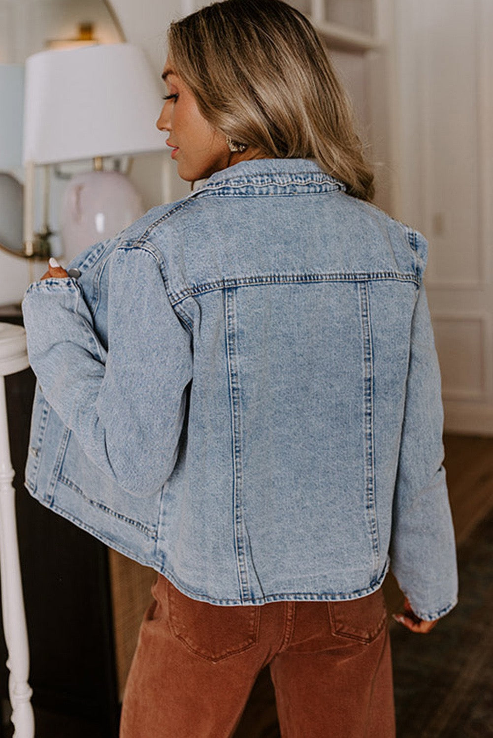 Scallop Trim, Button Up Denim Jacket, Medium Wash