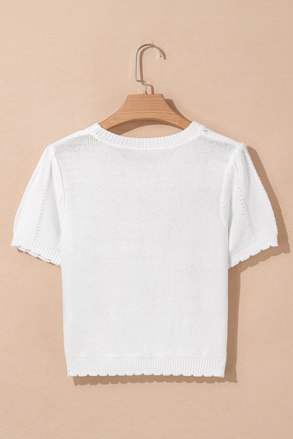 White Pointelle Knit Short Puff Sleeve Crewneck Sweater