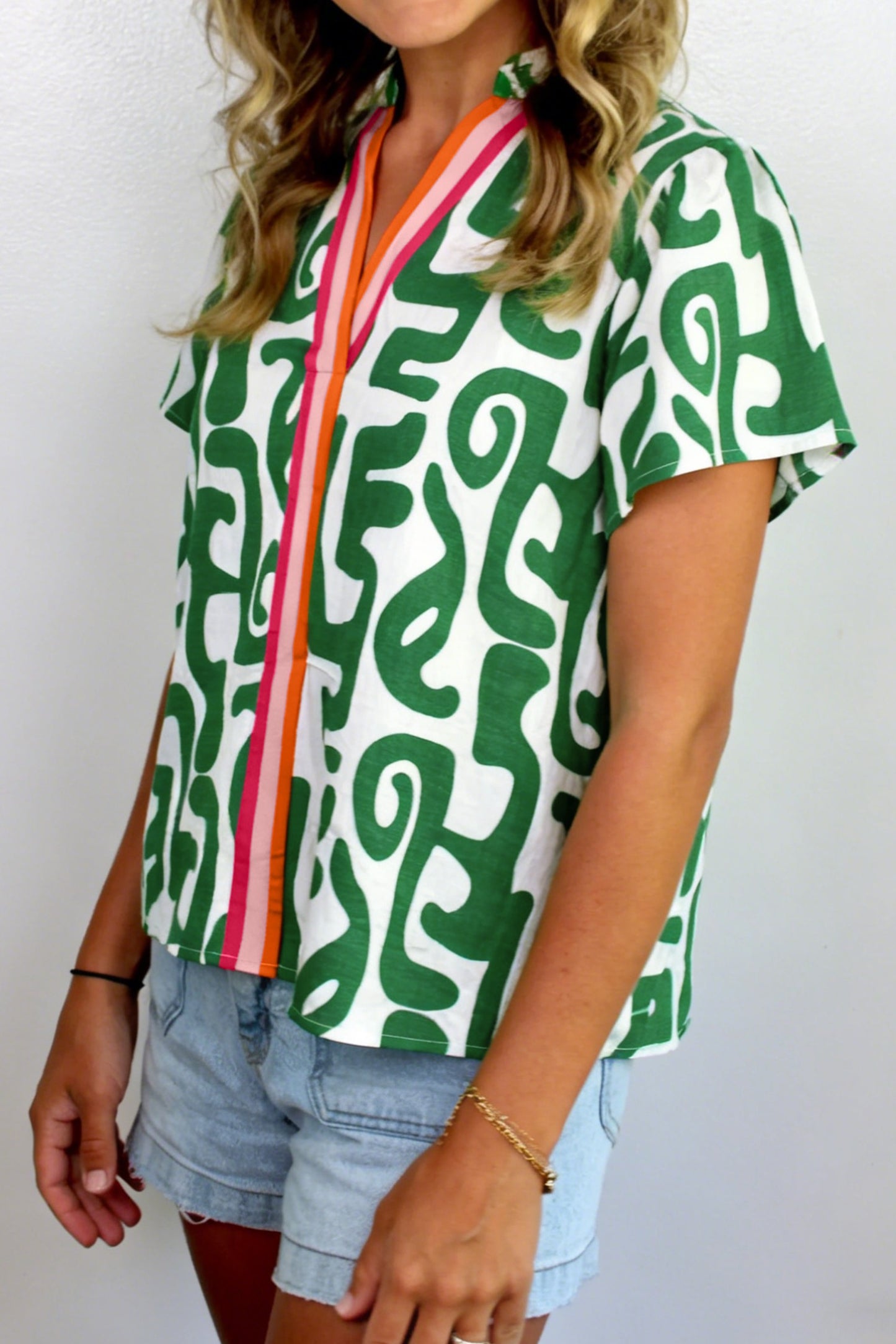 Short Sleeve Blouse Green Abstract Print Striped Trim V Neck Blouse