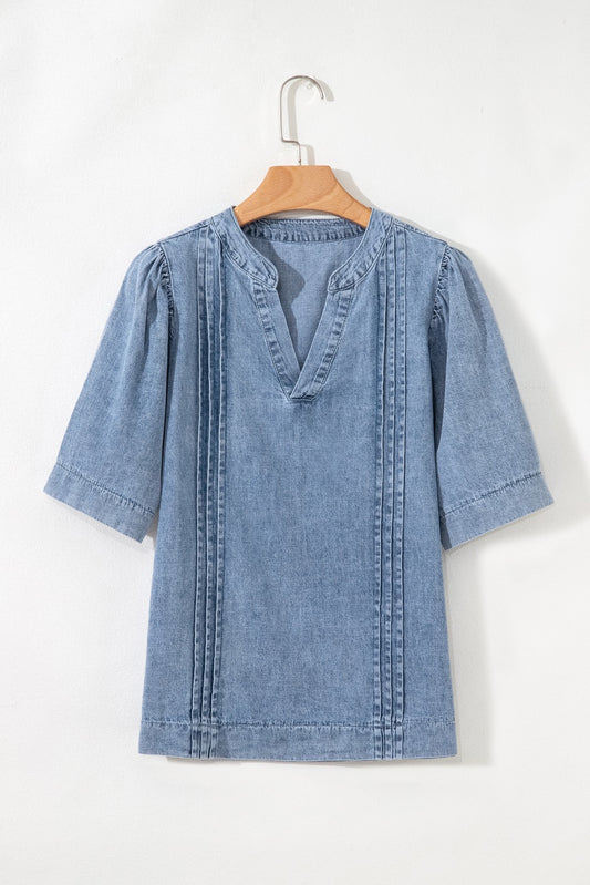 Pintuck Pleats Puff Sleeve Split V Neck Summer Denim Top