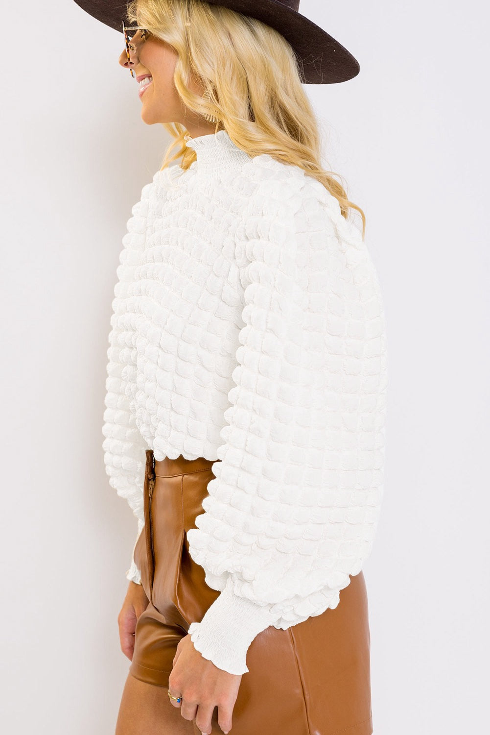 White Textured Mock Neck Top