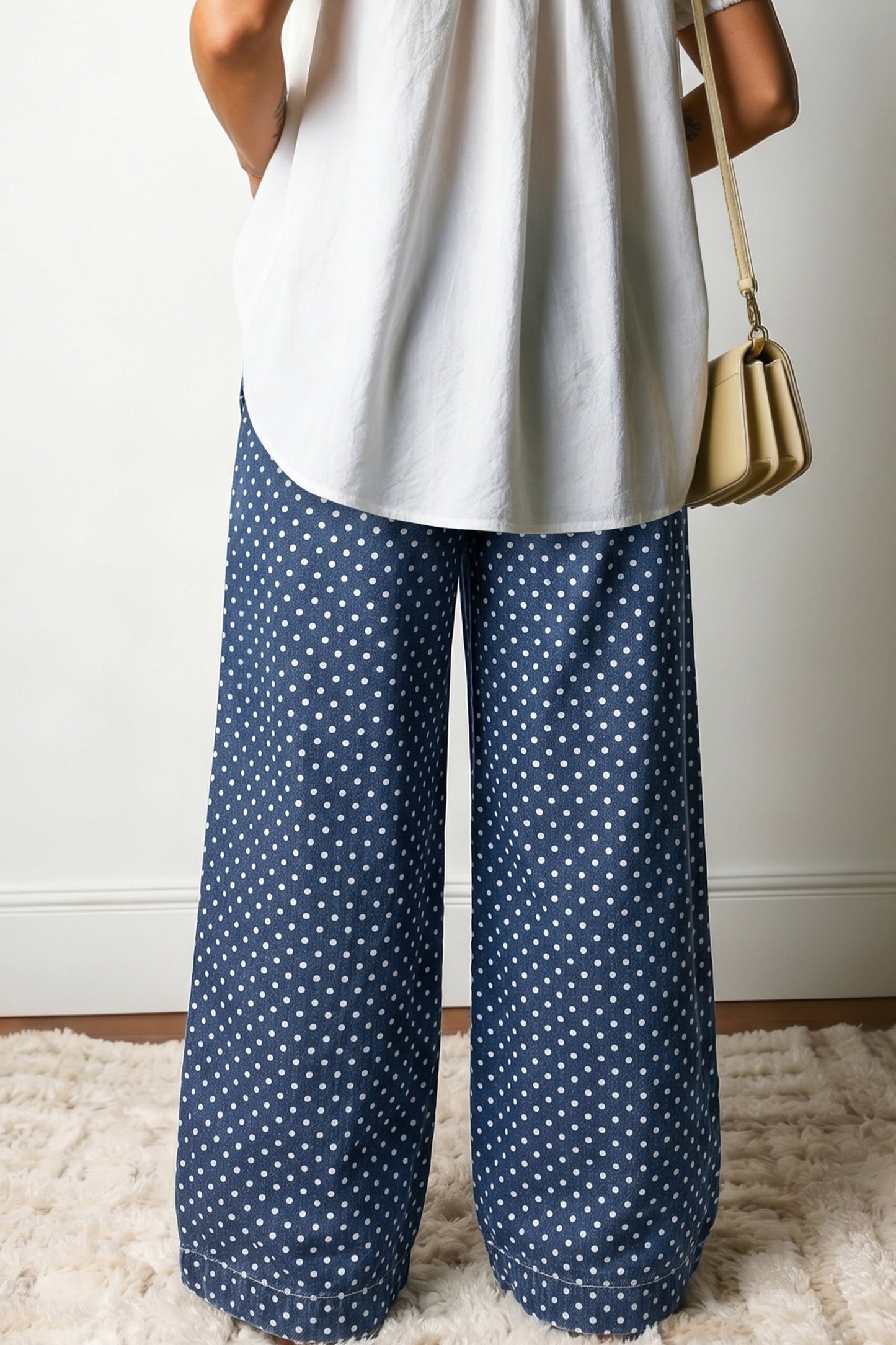 Blue Polka Dot Print Button Pleated Detail Wide Leg Jeans