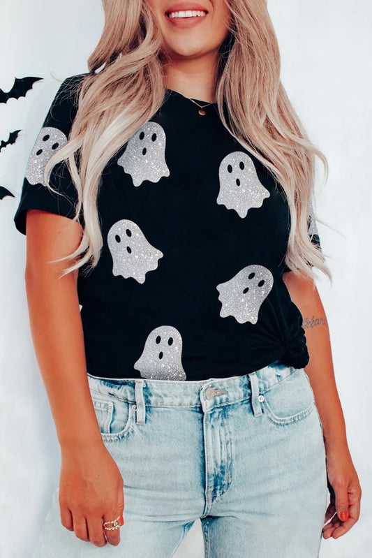 Black Glitter Ghost Pattern Crew Neck Halloween Shirt