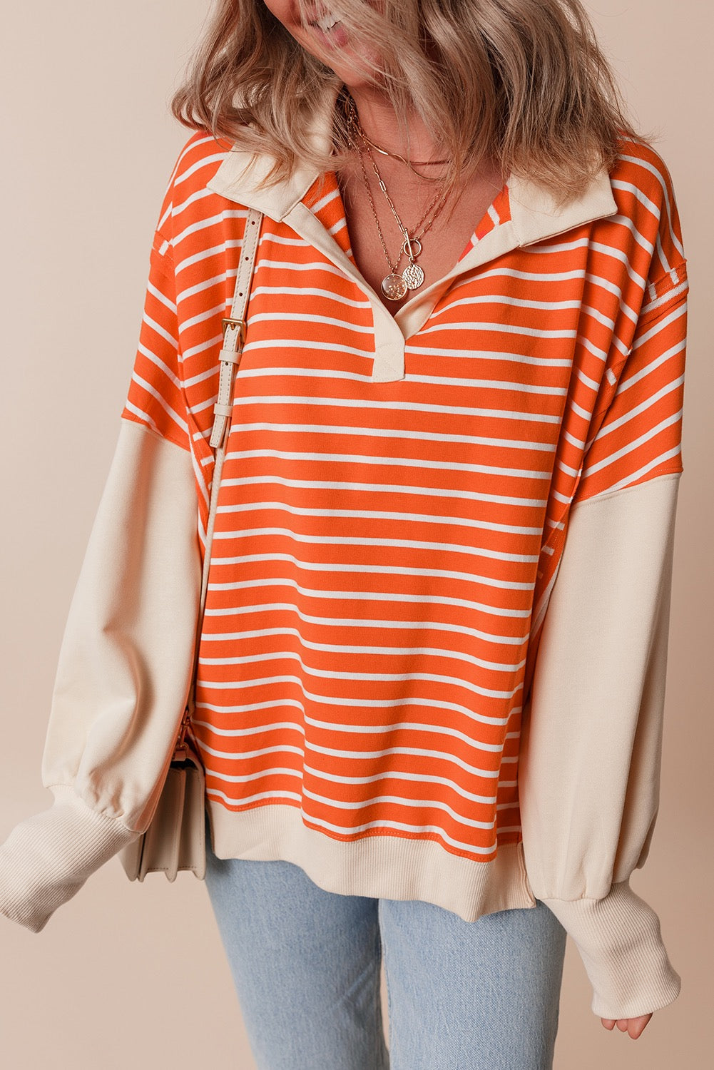 Orange Stripe Color Block Loose Fit Collared Sweatshirt