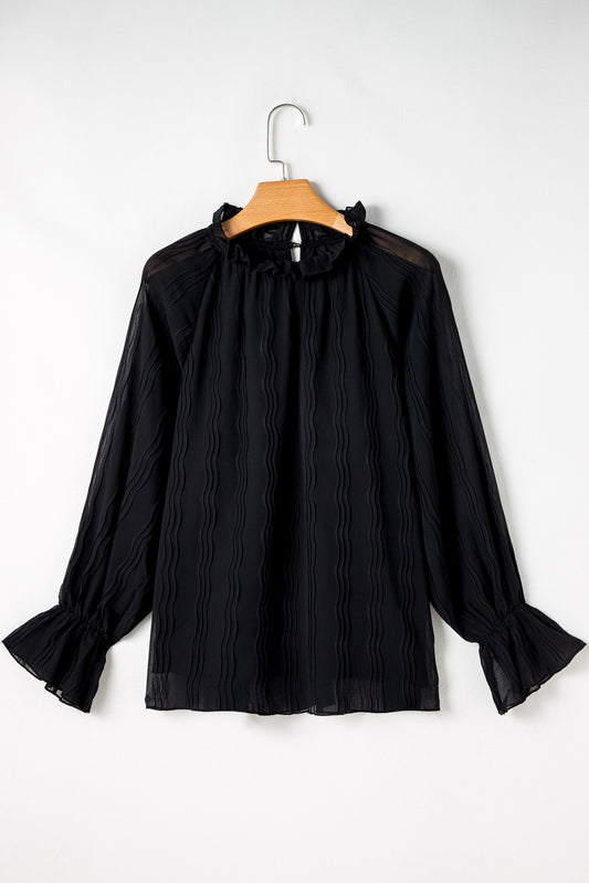 Black Pleated Long Sleeve Blouse