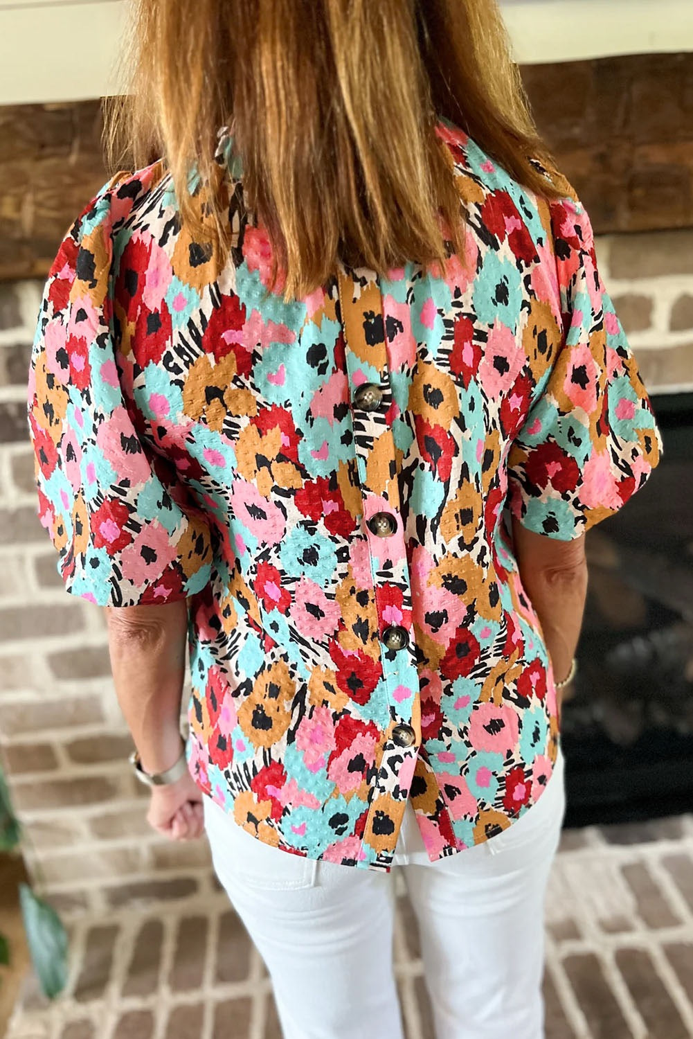 Floral High Neck Blouse with Button Back Detail