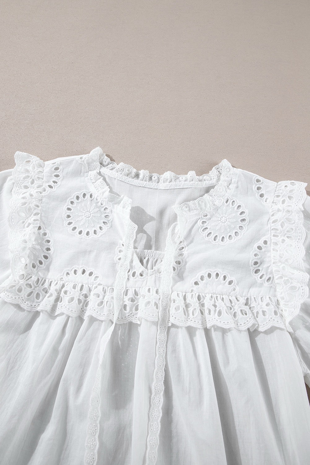 White Embroidered Lace Patchwork Tie Neck Puff Sleeve Shirt