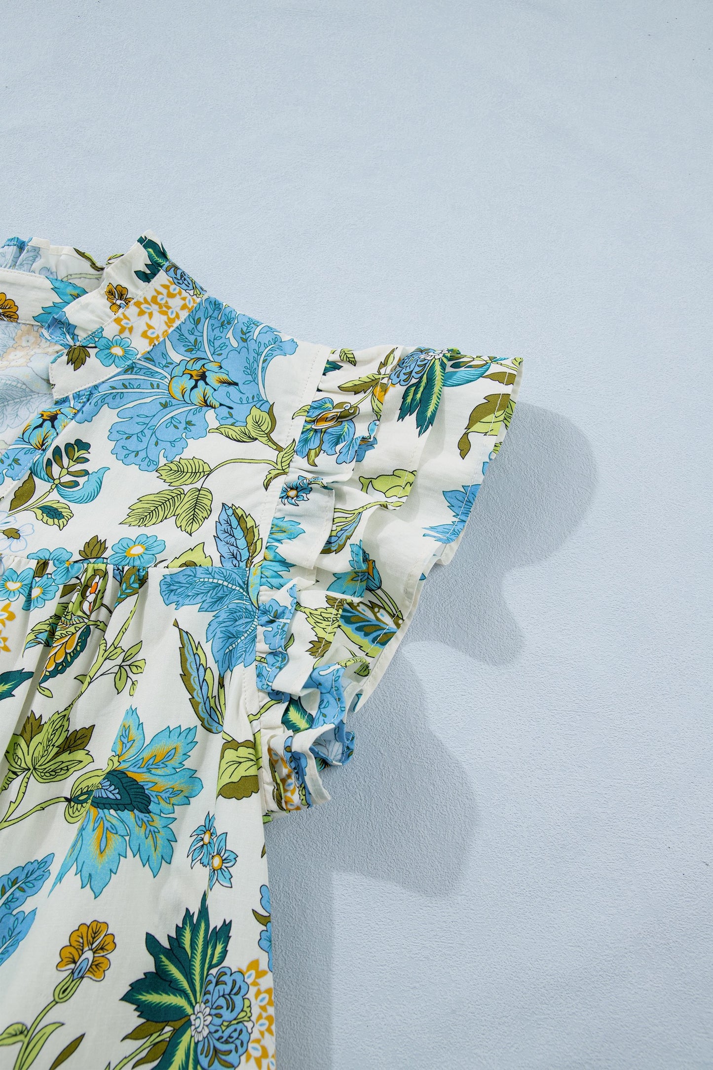 Beige Floral Print V Neck Triple Ruffle Short Sleeve Shift Dress