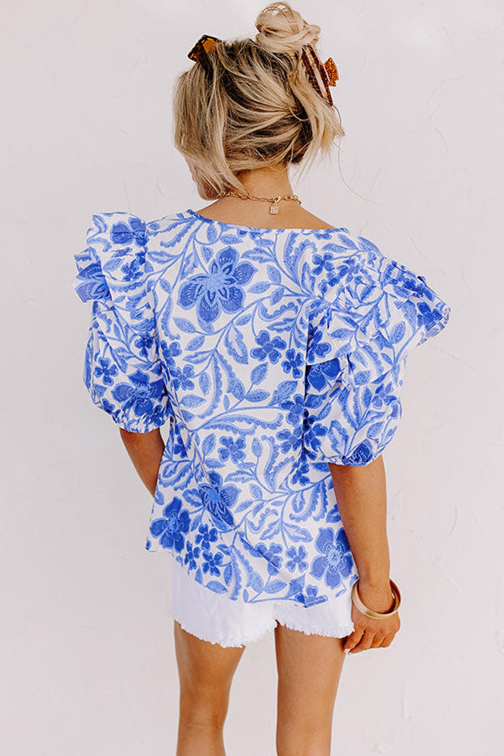 Blue Floral Bubble Sleeve Top
