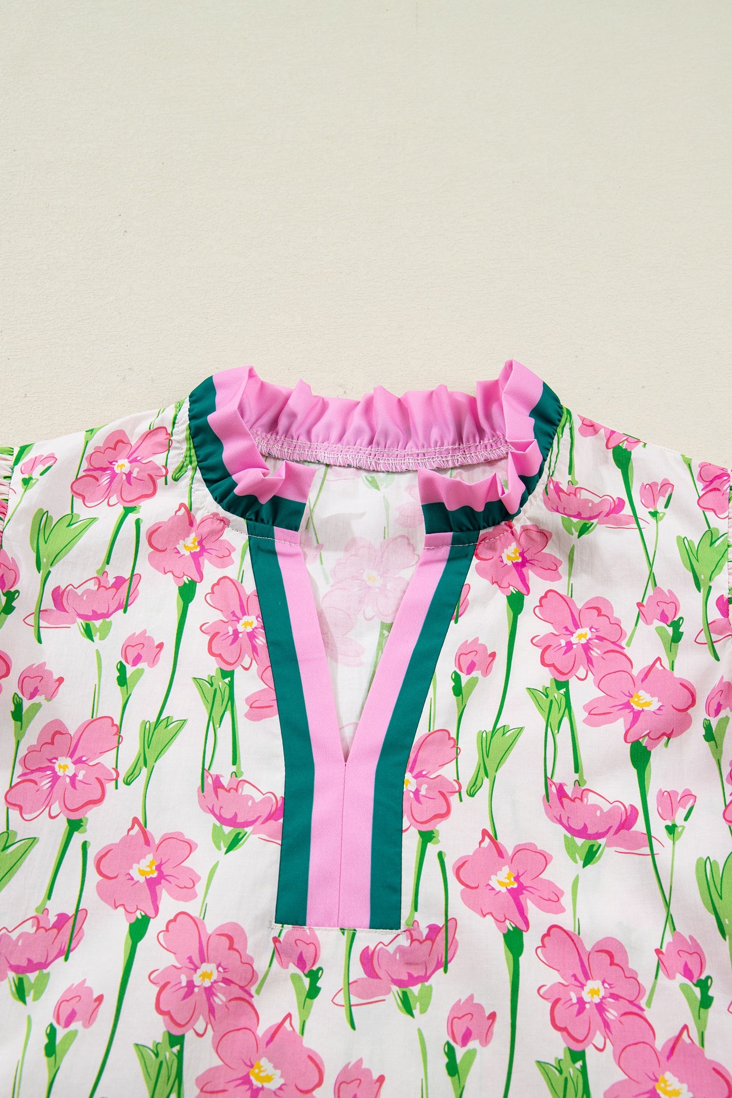 Pink Floral Print Contrast Trim V Neck Double Ruffled Short SleeveTop