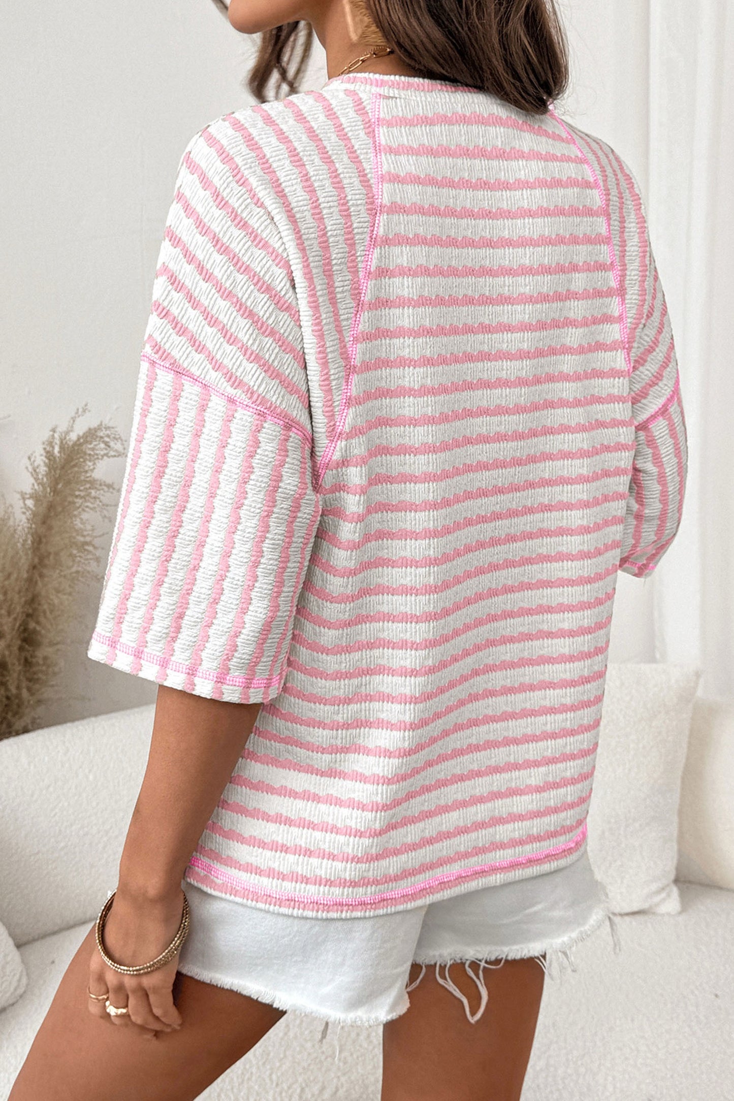 Pink Stripe Scallop Lace Trim Ruffle Short Sleeves Crewneck Top