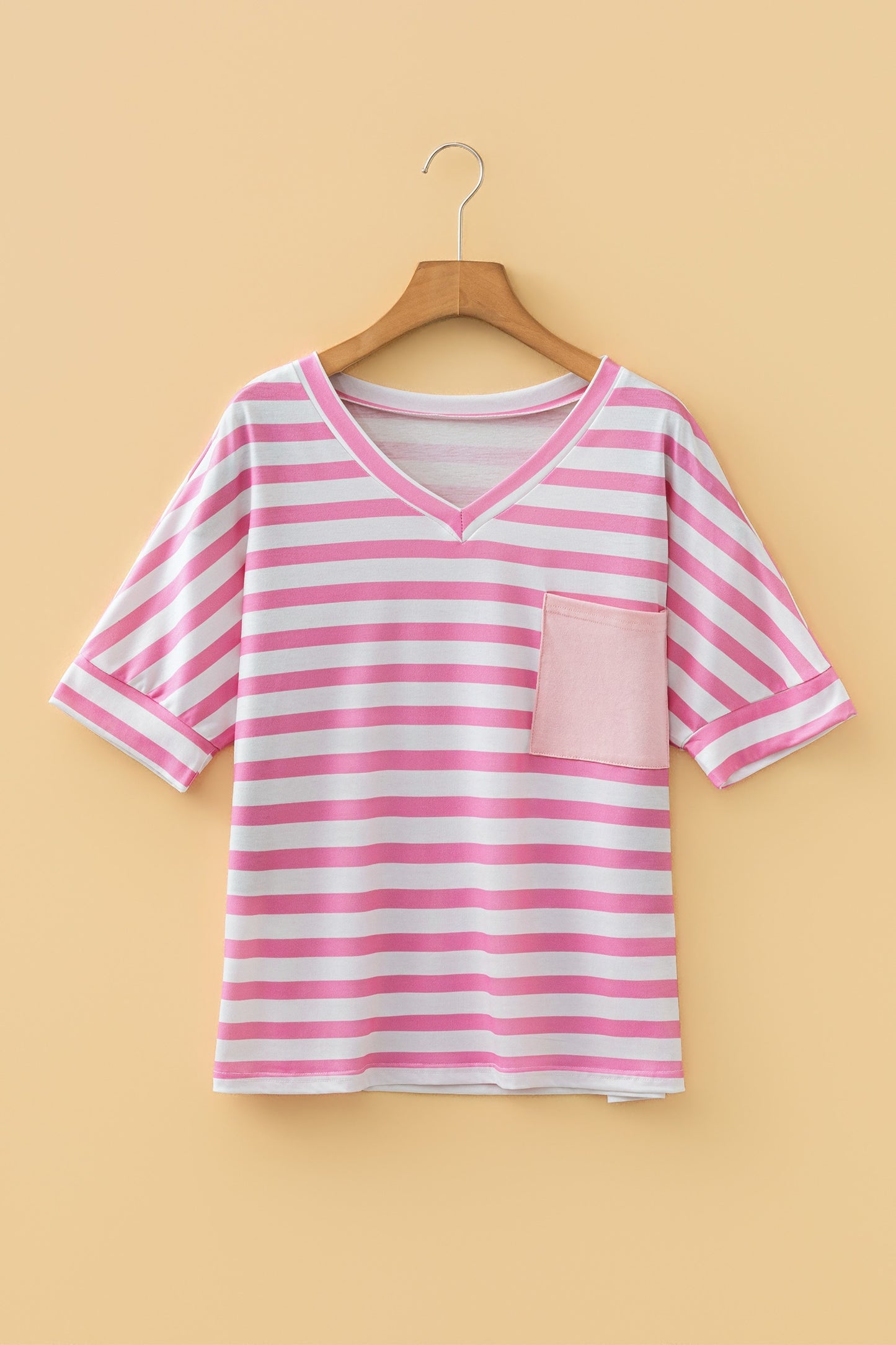 Pink Stripe V Neck Patched Pocket Tee