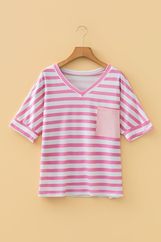 Pink Stripe V Neck Patched Pocket Tee