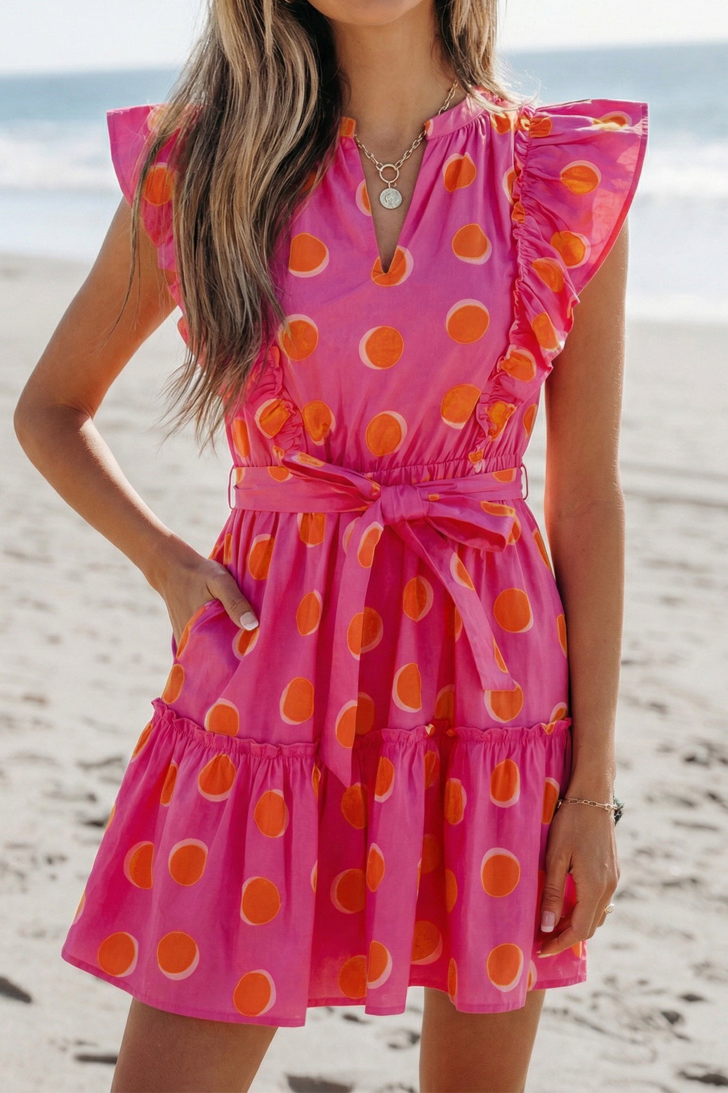 Double Polka Dot V Neck Ruffled Short Sleeve Dress