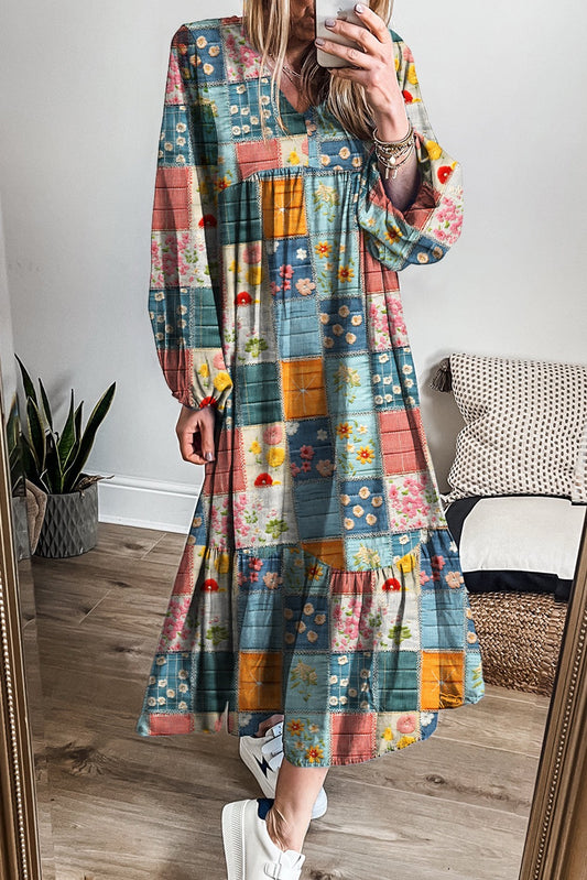 Sky Blue Mix Floral Checkered Pattern Bubble Sleeve Ruffle Hem Dress
