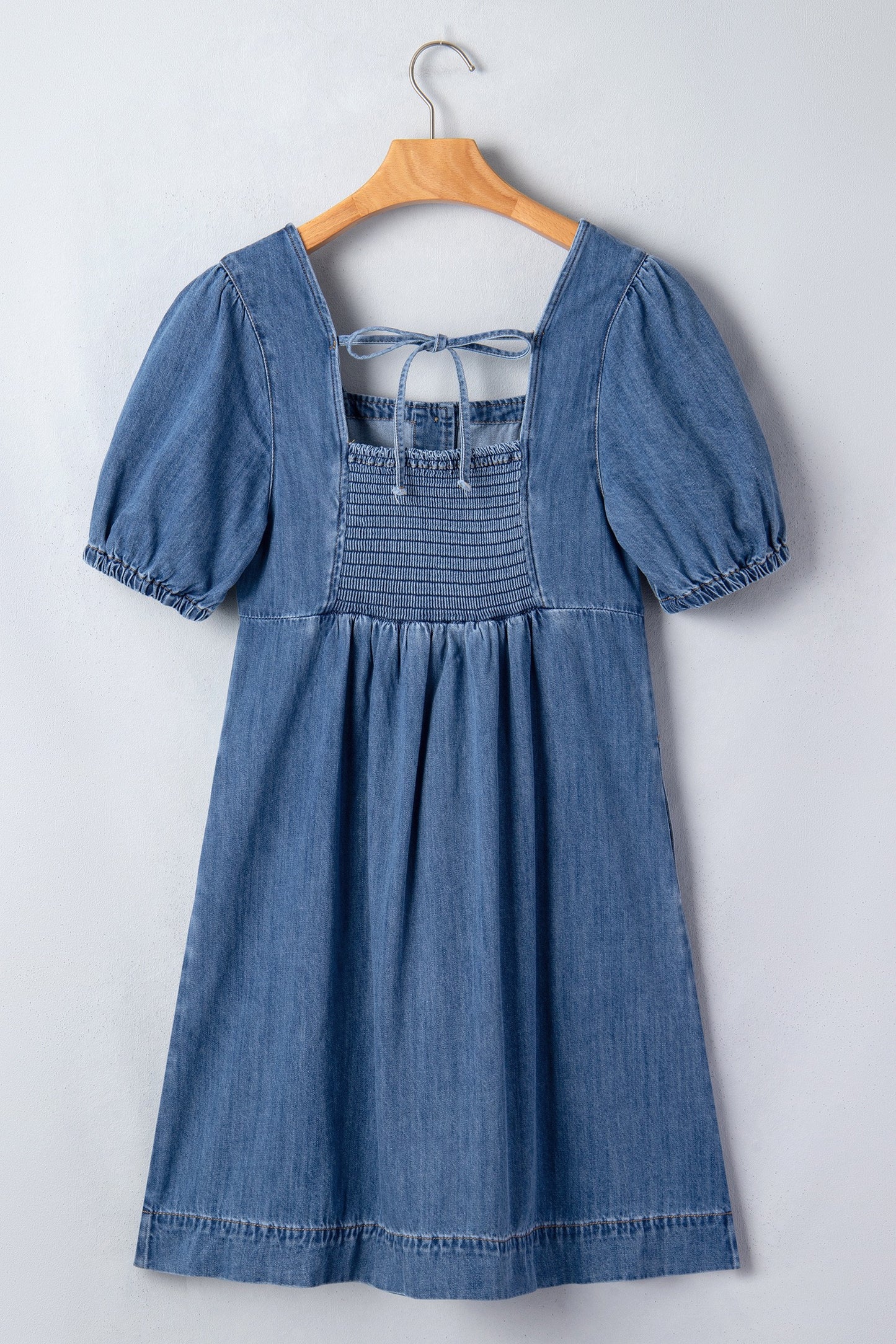 Square Neck Short Puff Sleeve Denim Dress