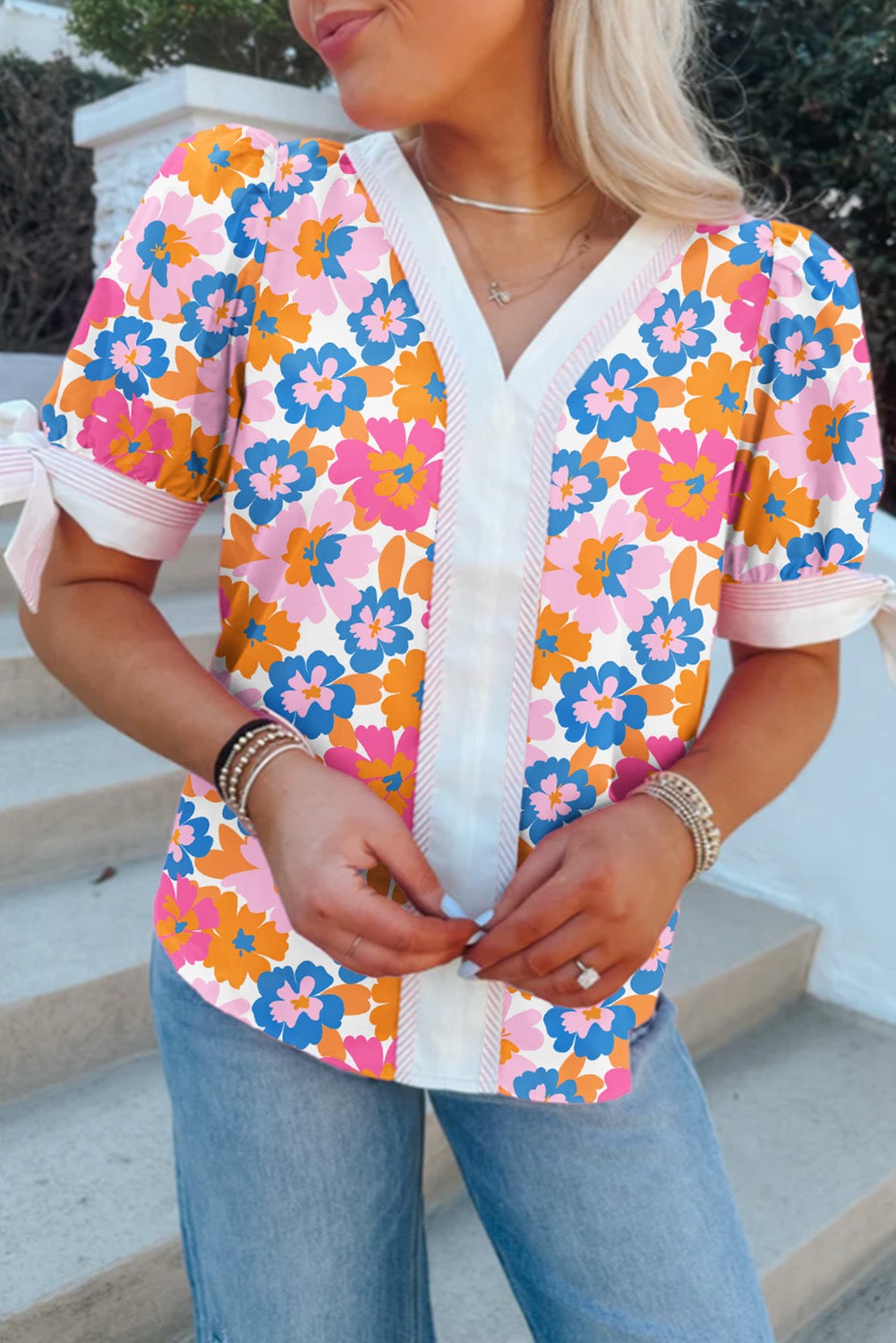White Floral Striped Edge Short Sleeve Blouse