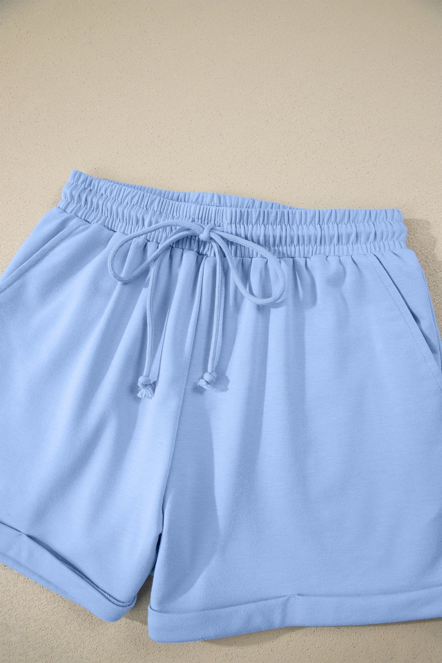 Blue Collared V Neck Tee Drawstring Elastic Waist Shorts 2pc Set