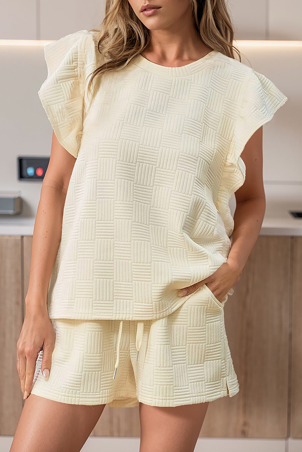 Apricot Ruffle Sleeve Textured Shorts Set