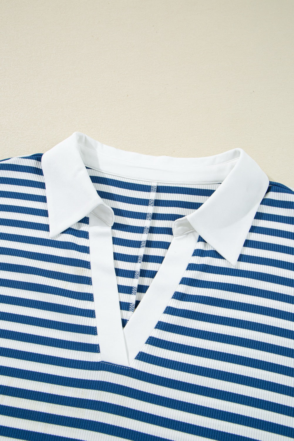Blue Stripe Short Sleeve Collared V Neck Top Plus Size Shorts Set