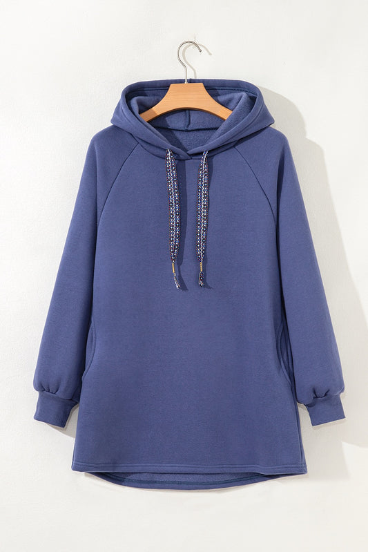 Dirty Blue Fleece Lined Adjustable Drawstring Oversize Tunic Hoodie