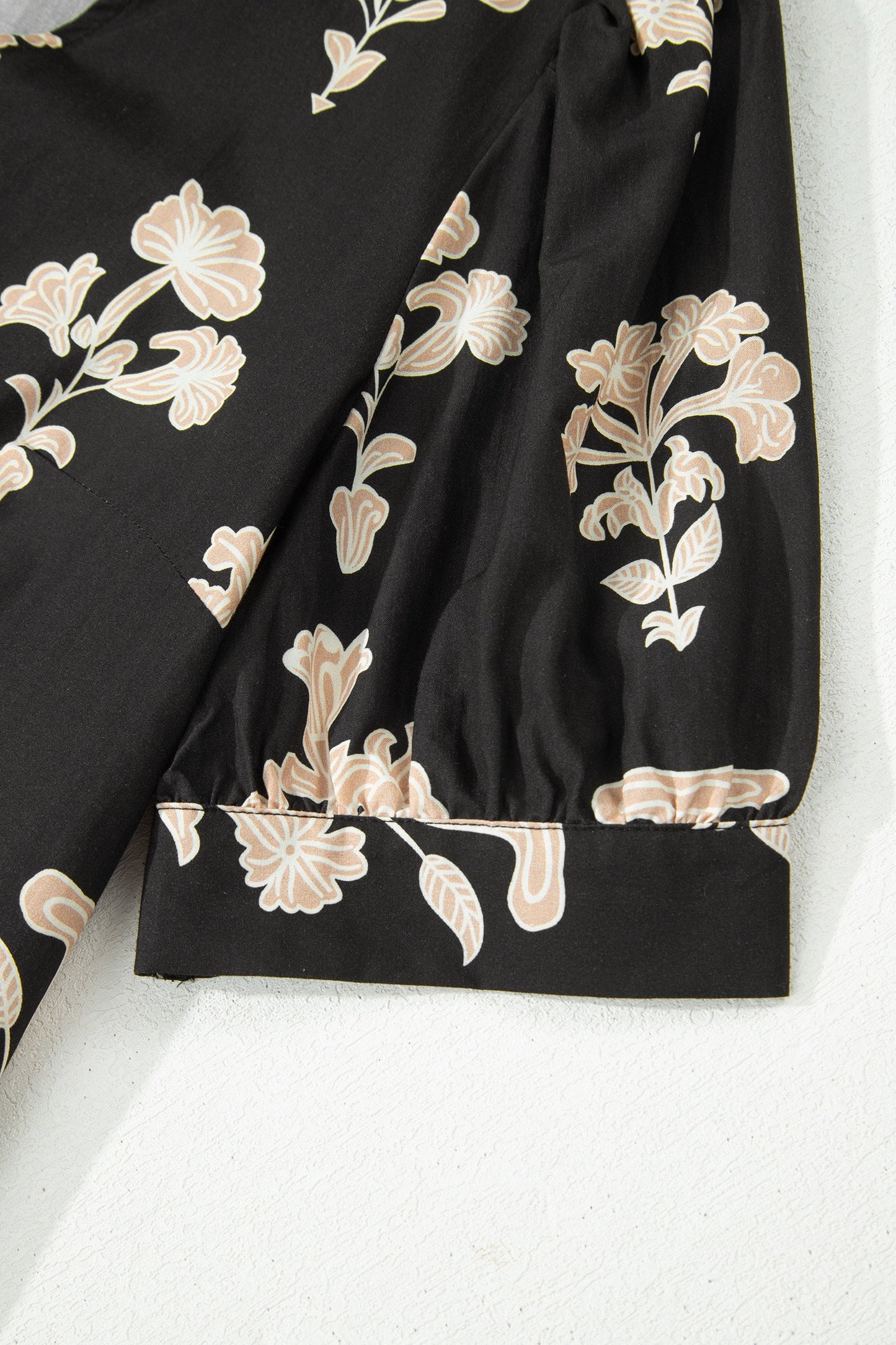 Black Floral Print Frilled Collar Short Puff Sleeve Dress