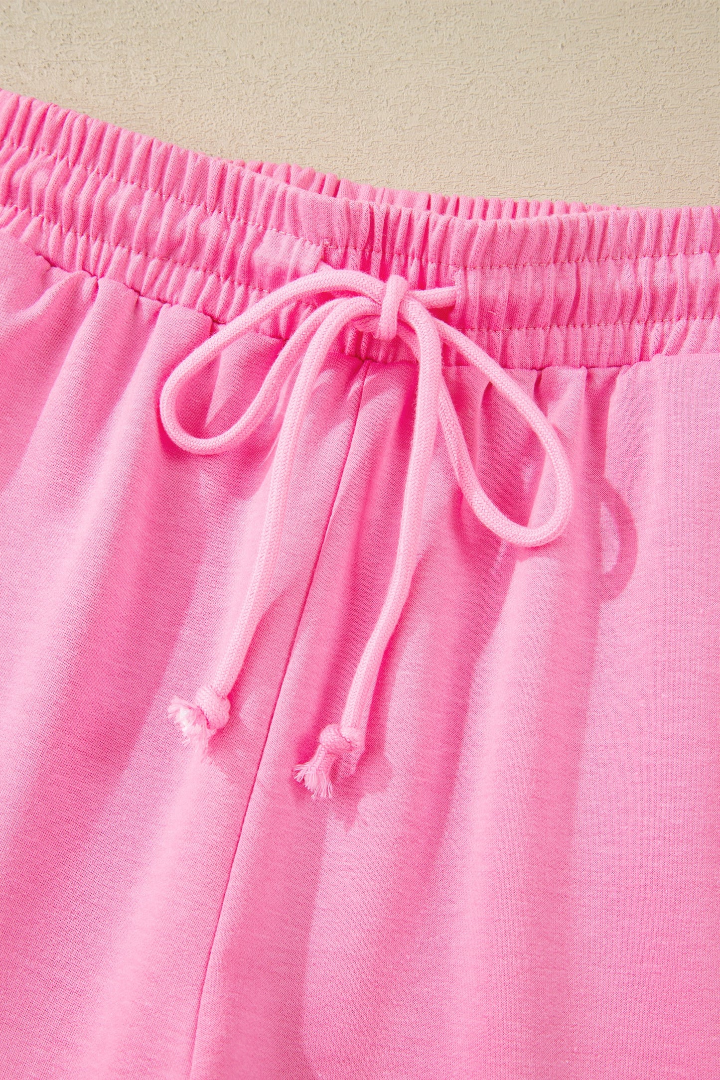 Pink Collared V Neck Tee Drawstring Elastic Waist Shorts 2pc Set