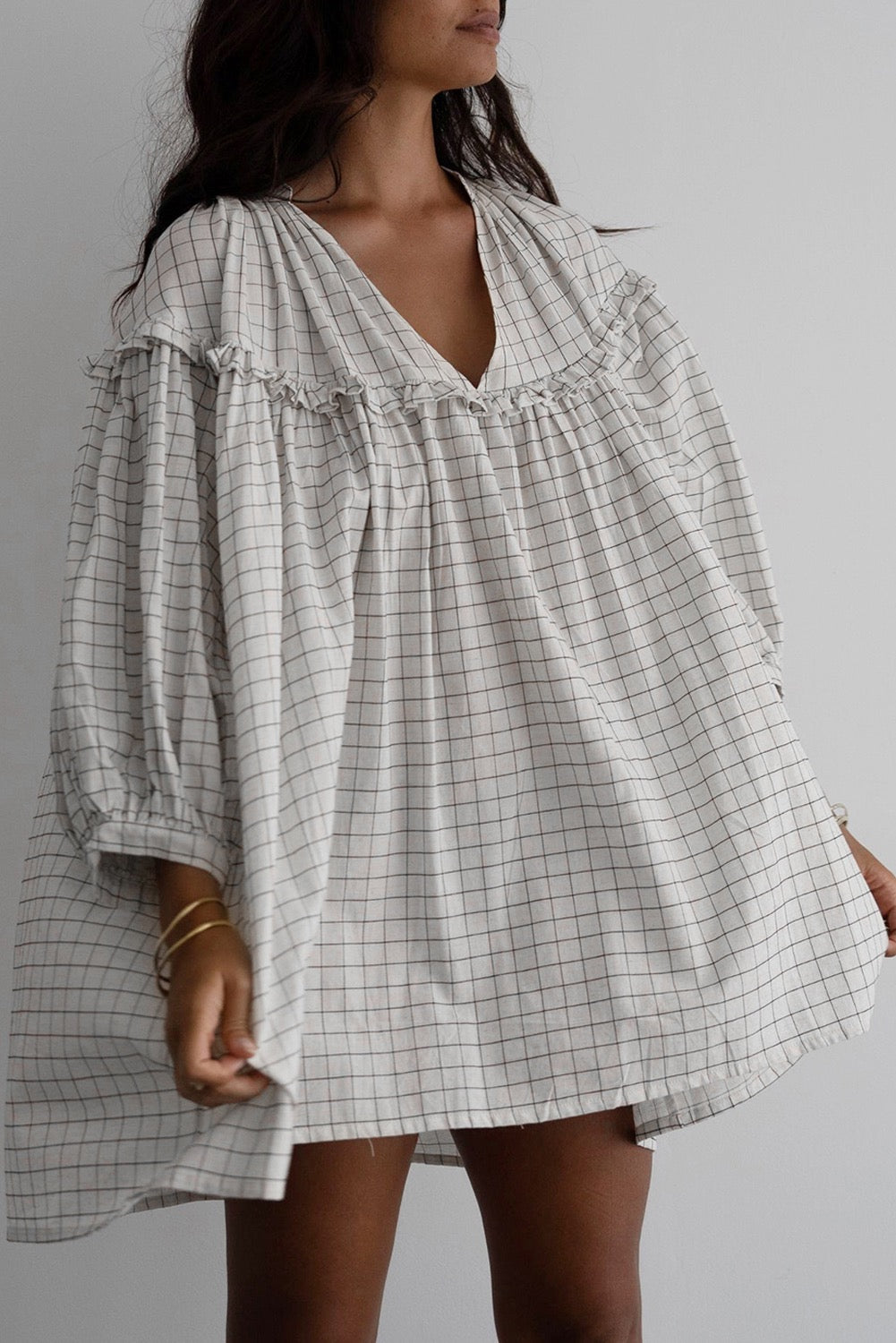 White Stripe Checkered Frill, V-Neck, Bracelet Sleeve Babydoll Dress
