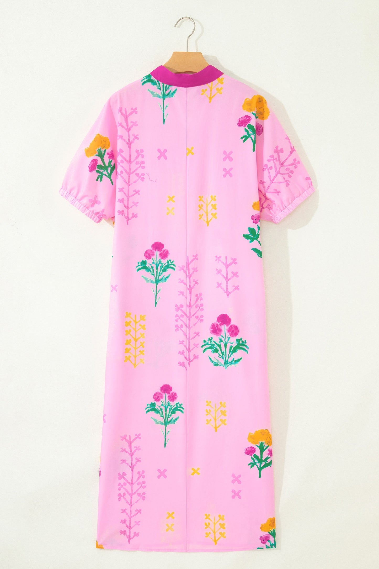 Pink Floral Print Short Sleeve Colorblcok Trim V Neck Midi Dress