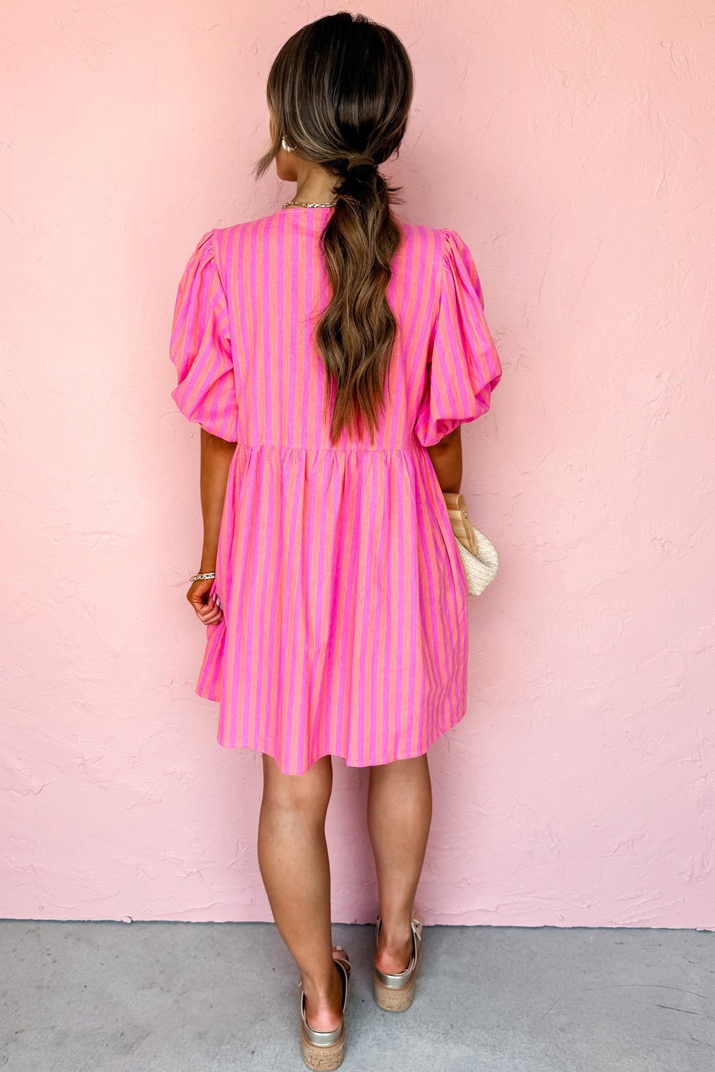 Rose Striped Print Bow Detail Short Puff Sleeve Dress