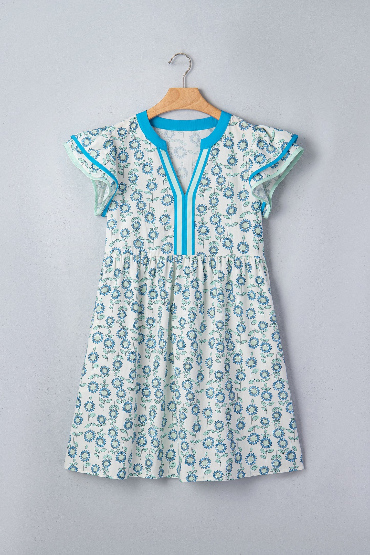 Blue Floral Print Contrast Trim Flutter Sleeve Dress