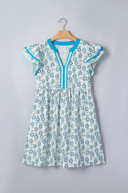 Blue Floral Print Contrast Trim Flutter Sleeve Dress