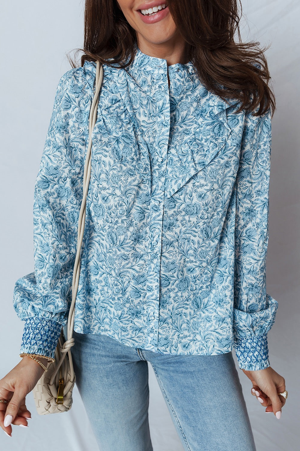 Blue All Over Floral Puff Sleeve Shirt