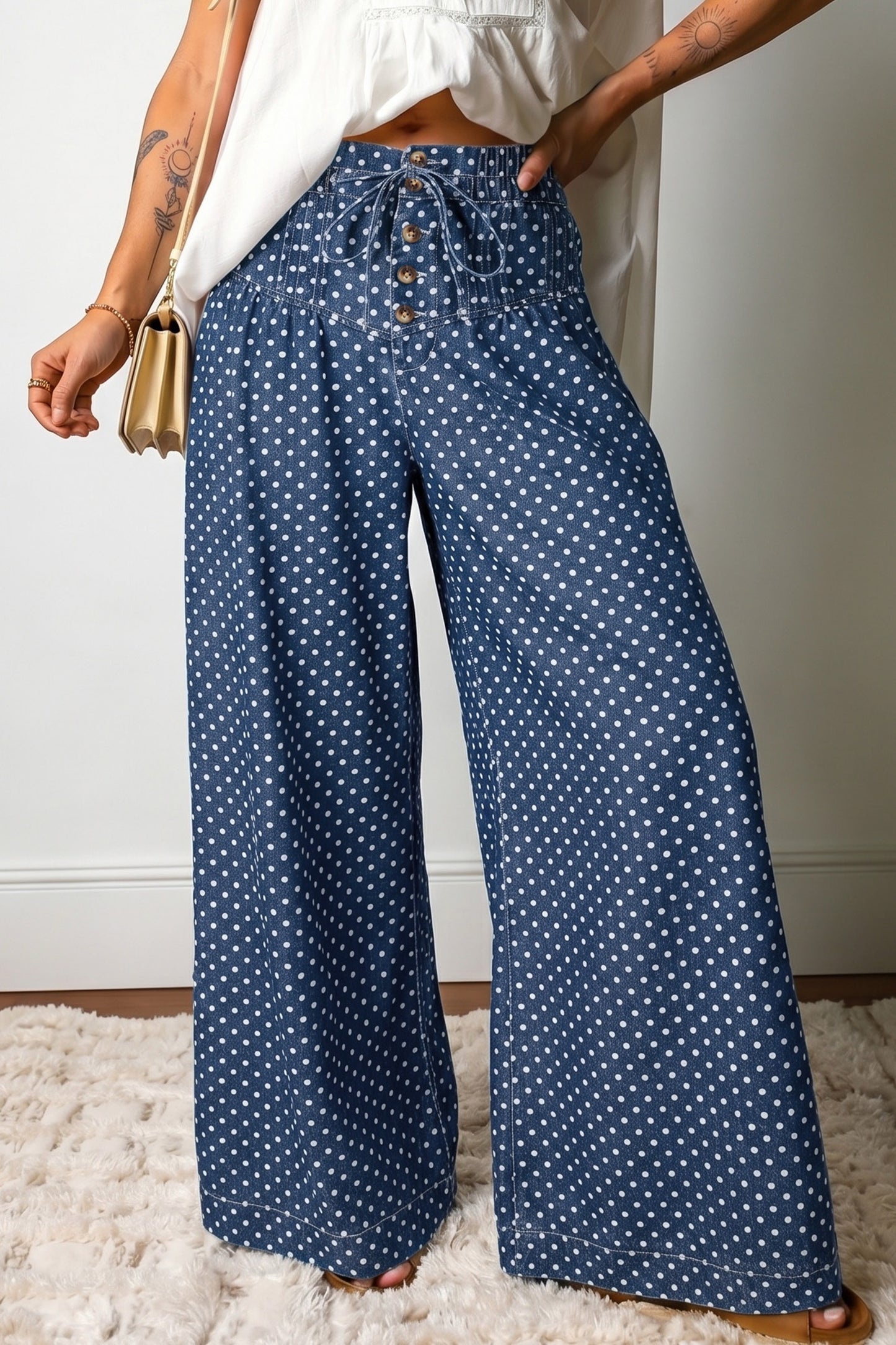 Blue Polka Dot Print Button Pleated Detail Wide Leg Jeans