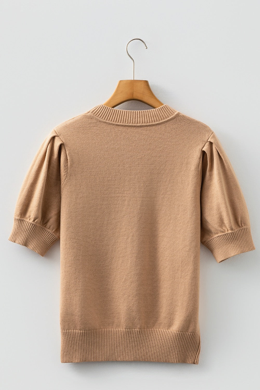 Light French Beige Solid Color Knit Short Puff Sleeve Sweater