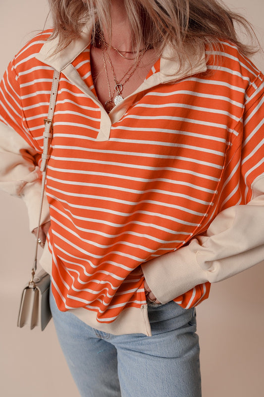 Orange Stripe Color Block Loose Fit Collared Sweatshirt